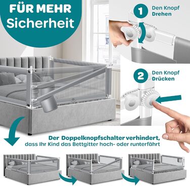 Захисний бортик для ліжка KESSER 200 см, сірий. Бортик для дитячого ліжка, захист від випадання, складаний та регульований по висоті, сітка Mesh, з кишенею