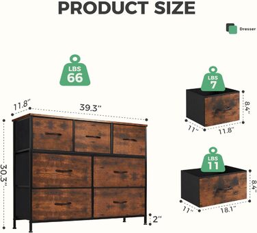Комод для спальні DUMOS з 7 тканинними ящиками, високим органайзером, металевим каркасом, дерев'яною стільницею (коричневий)