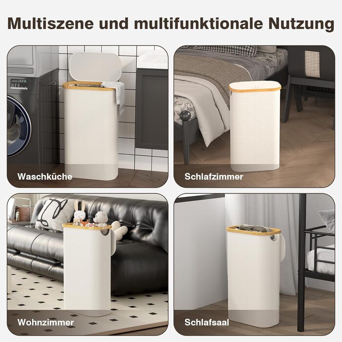 Вузький кошик для білизни з кришкою, 75L, складний, для спальні, ванної, пральні, дитячої кімнати, бежевий