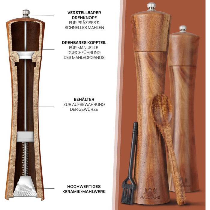 Набір для солі та перцю WALDLAND® з дерева з підставкою (21 см) | Мельниці для спецій з керамічним механізмом | Набір перчниці та солізниці