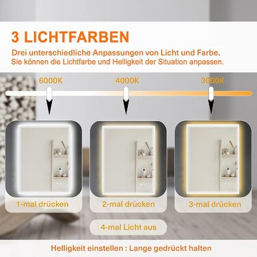 Дзеркало для ванної кімнати Puchika з підсвічуванням LED, 50x70 см, настінне, регульоване, тепле/холодне/нейтральне світло 3000-6400K, IP44, сенсорне керування, антизапар, годинник