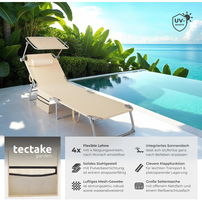 Лежанка для відпочинку Tectake®: розкладна, портативна, з кишенею, для саду, пляжу, кемпінгу - (Бежевий)