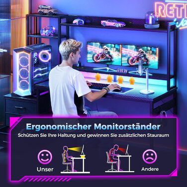 Ігровий стіл Coleshome з полицею та шухлядами, 137×48 см. Стіл для ігор з LED-підсвічуванням, розеткою, полицями та підставкою для монітора. Вуглецеве волокно, чорний колір