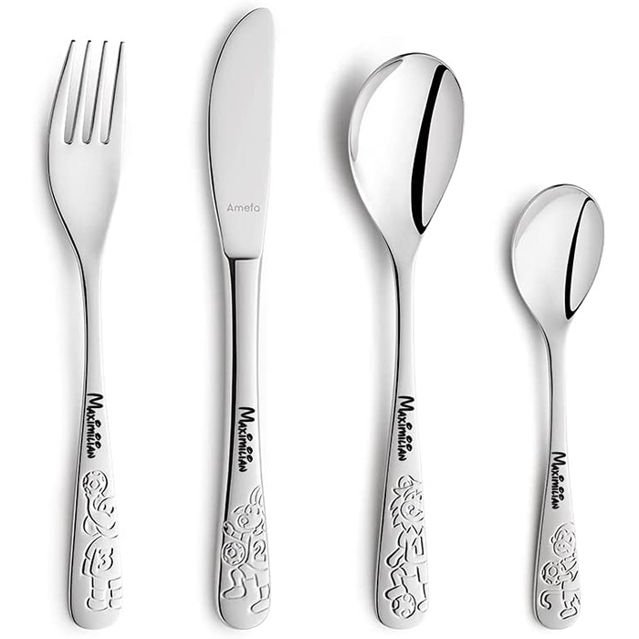 Набір дитячого столового прибору Kinderbesteck з гравіюванням 'BALLFREUNDE', 4 шт. з іменем, з нержавіючої сталі