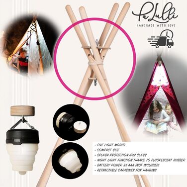 Дитяче намет-типі Tipi PaLulli® з бавовни, килимком, лампою та декоративними подушками (Рожевий)