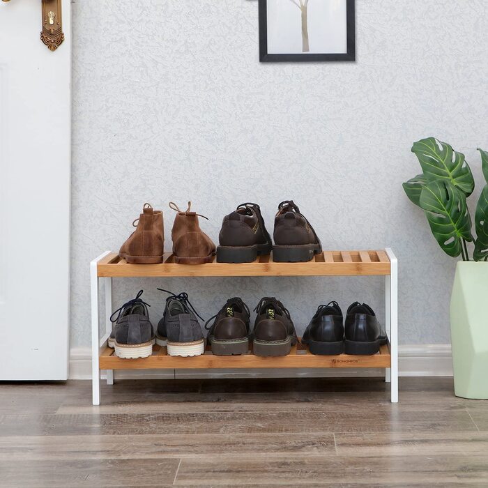 Бамбукова полиця для взуття SONGMICS, 2 рівня для зберігання взуття, органайзер для взуття, полиця для взуття, рослини, книги, вітальня, передпокій, спальня, ванна кімната, 70 х 26 х 33 см, фунт 02 Вт (натуральна)