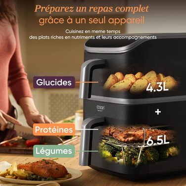 Фритюрниця без олії COSORI Turbo Tower 10.8 л з 2 відсіками, 6-в-1, компактна, для дому