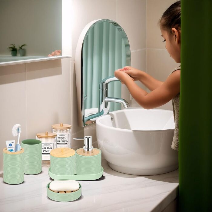 Набір аксесуарів для ванної кімнати IMAVO, 9 предметів: сміттєвий бак, дозатор мила, мильниця, тримач для зубних щіток, стакан для зубних щіток, тримач для унітазного йоржика, дозатор ватних паличок (зелений, 26 предметів + душова завіса + килимки)