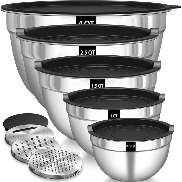 Набір мисок для перемішування 5 шт. з нержавіючої сталі, набір салатників з герметичними кришками, 3 насадки-тертки, об'єм 4.5L, 2.7L, 1.6L, 1.1L, 0.7L, скляні, розбірні, можна мити в посудомийній машині