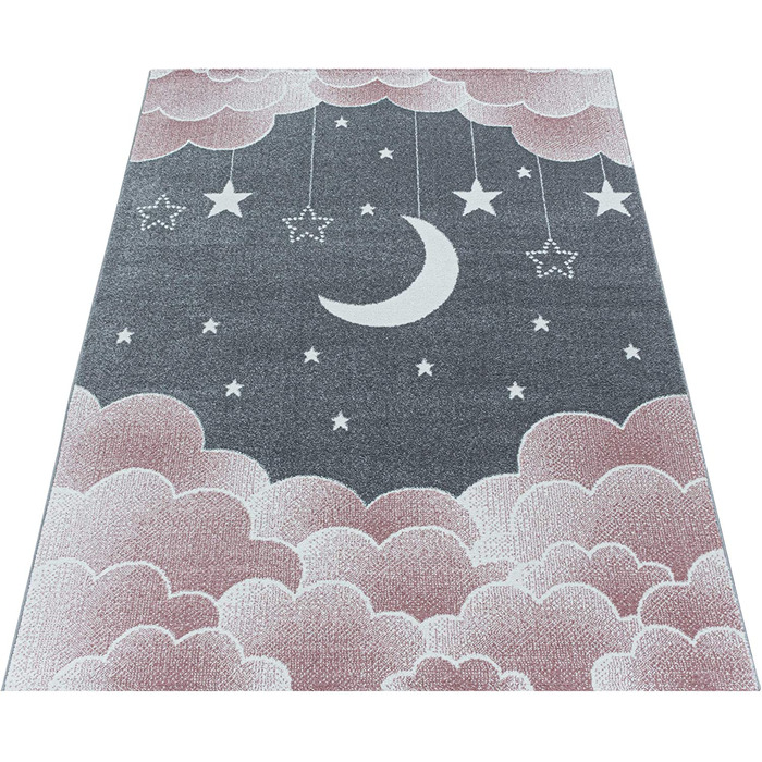Домашній дитячий килим з коротким ворсом, рожевий, зоряне небо, місяць, хмари, дизайн дитячої кімнати, м'який, Колір рожевий, Розмір 80x150 см