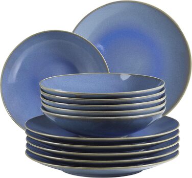 Набір тарілок для 6 осіб у вінтажному середземноморському стилі, сучасна їдальня з 12 страв з суповими і обідніми тарілками пісочно-сірого кольору, кераміка, (Світло-блакитний), 931734 Ossia