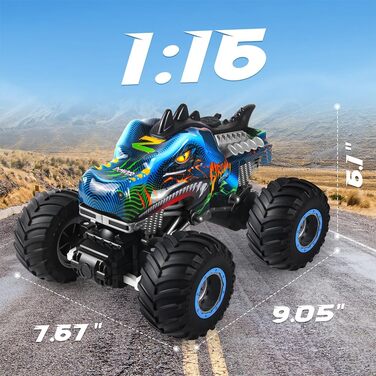 Радіокерований позашляховик Динозавр 1:16 RC Monster Truck з розпилювачем, музикою, LED-підсвіткою, 2.4GHz, 20км/год для дітей від 3 років