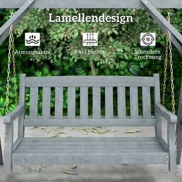 Двомісна садова гойдалка, дерев'яна лавка-гойдалка з полицями, тримачами для напоїв та металевими ланцюгами, сірого кольору