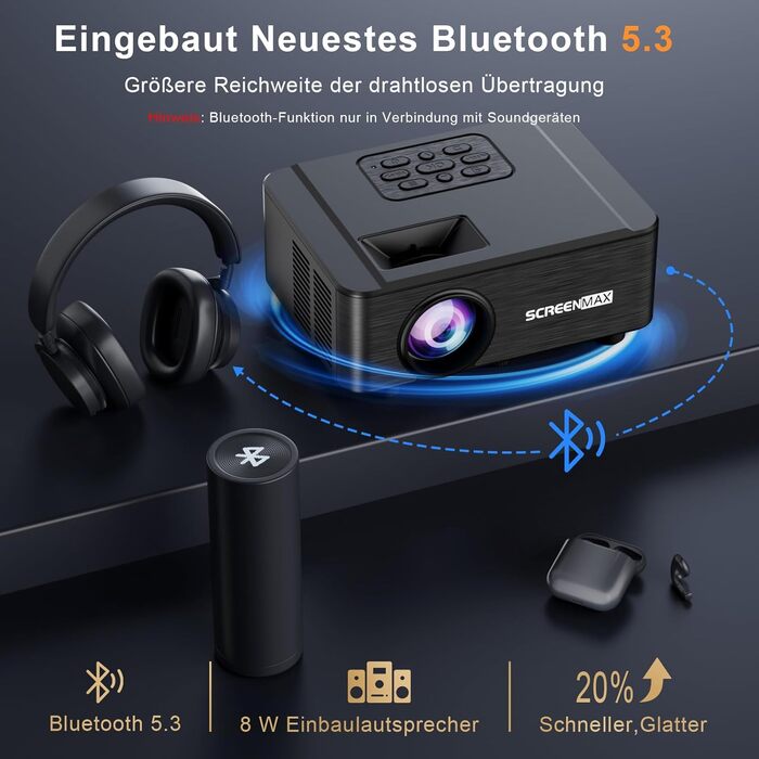 Проектор Beamer для домашнього кінотеатру з Wi-Fi 6 та Bluetooth 5.3, 1080P, 50% Zoom, HDMI/AV/Laptop/iPhone, для використання на вулиці, чорний