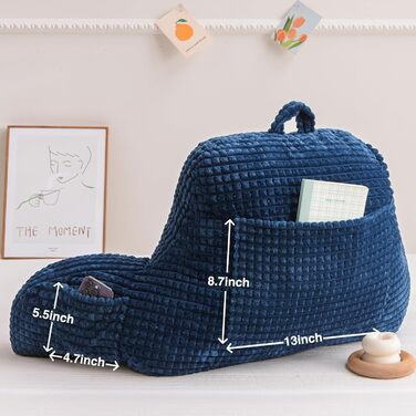 Лежанка для читання Nice Night, подушка-валик, велика, для дорослих та дітей, спинка з підлокітниками, підтримка спини для відпочинку та сну в ліжку/на дивані, вафельний візерунок, стереоскопічний дизайн (Темно-синій, Large)