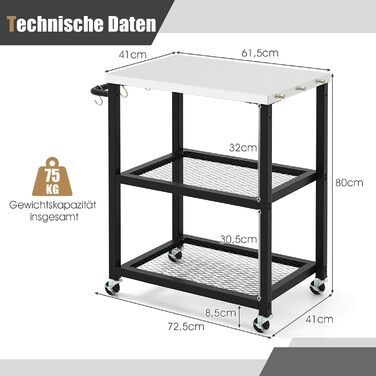 Grillwagen COSTWAY Outdoor: стіл для гриля з 3 полицями, 4 колесами, ручкою та 3 гачками | FM32279PWDE