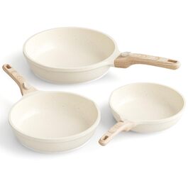 Набір сковорідок RIOVARM з індукційним покриттям та знімними ручками, антипригарний набір сковорідок з кришками 20, 24, 28 см, без PFOA, посуд для всіх типів плит, придатний для миття в посудомийній машині та духовці (Бежевий, 3 шт.)