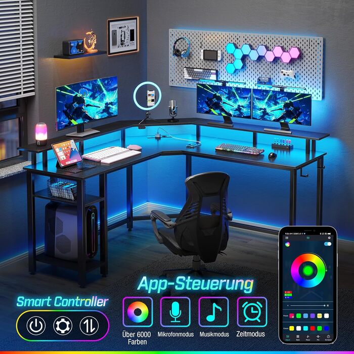 Комп'ютерний стіл Rolanstar L-подібний з RGB підсвічуванням та розетками, кутовий ігровий стіл, стіл для офісу, робочого кабінету, спальні (117 см, чорний, 137 x 137 x 87 см)