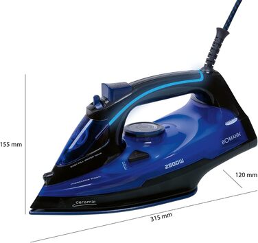 Праска з пароутворювачем Bomann DB 6038 CB, 2800 Вт, 7 функцій, LED-підсвітка ручки, підошва з 3D-кераміки, чорний/синій