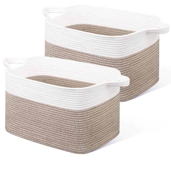 Кошики для білизни 2 шт. (63L) з бавовни, плетений, з ручками, для зберігання ковдр, одягу, іграшок, білий та коричневий