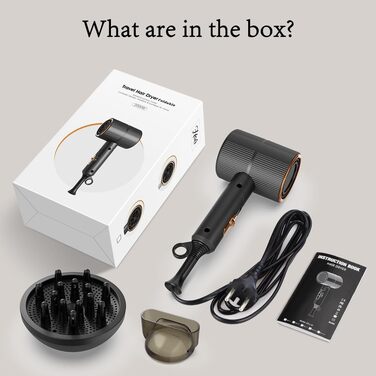 Компактний іонний фен для волосся 2000 Вт, складаний дорожній фен з дифузором та styling-насадкою, швидке сушіння, низький рівень шуму (Чорний)