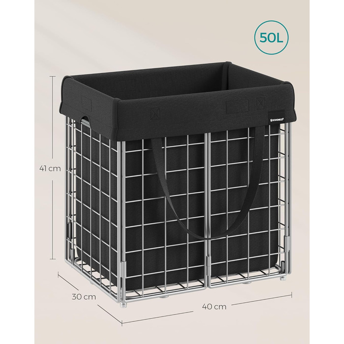 Кошик для білизни SONGMICS 50 л, складний контейнер для білизни, знімний мішок для білизни, який можна прати, металева решітка, для спальні, ванної кімнати, пральні, сріблясто-чорний LCB150B01