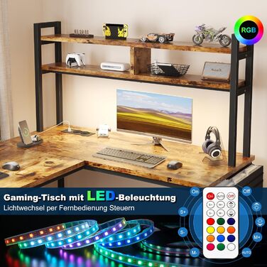 Ігровий стіл Devoko з підсвічуванням LED, 160x120 см, з розетками та USB, вінтажний коричневий. Комп'ютерний стіл з місцем для зберігання для геймерів та дому