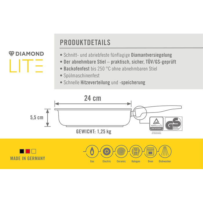 Сковорода Woll Diamond Lite, 24x24 см, знімна ручка - для керамічних варильних поверхонь, газових, електричних, галогенних - не підходить для індукційних, литий алюміній, антрацит (60 символів)