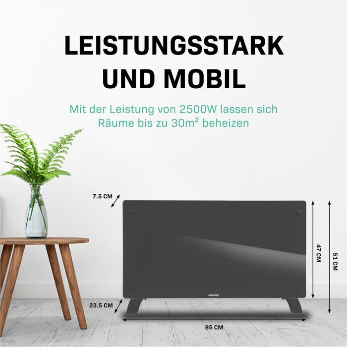 Електричний конвекторний обігрівач VONROC - 2500 Вт, білий/сірий, для кімнат до 24 м², ручне/APP керування