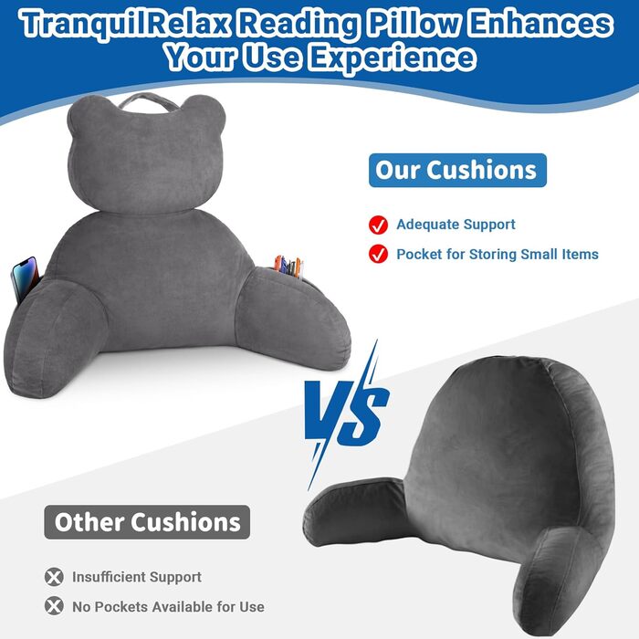 Подушка для читання TranquilRelax з кишенею для спини, велика подушка для сидіння в ліжку для дорослих, подушка для читання/відпочинку