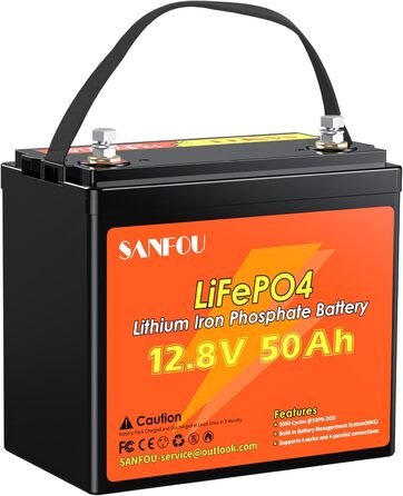 Акумуляторна батарея SANFOU 12,8 В 50 Ач LiFePO4, 2560 Втгод, 50 А BMS, 5000-15000 циклів, для кемпінгу на автофургоні