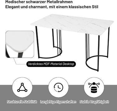 Обідній стіл Merax 140x80 см з імітацією мармуру, для 4-6 осіб, металевий каркас, регульовані ніжки, білий/чорний