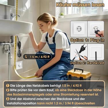 Дзеркало для ванної кімнати MYGIIVOVO з підсвічуванням LED, сенсорне керування, 3 кольори, 60x45 см