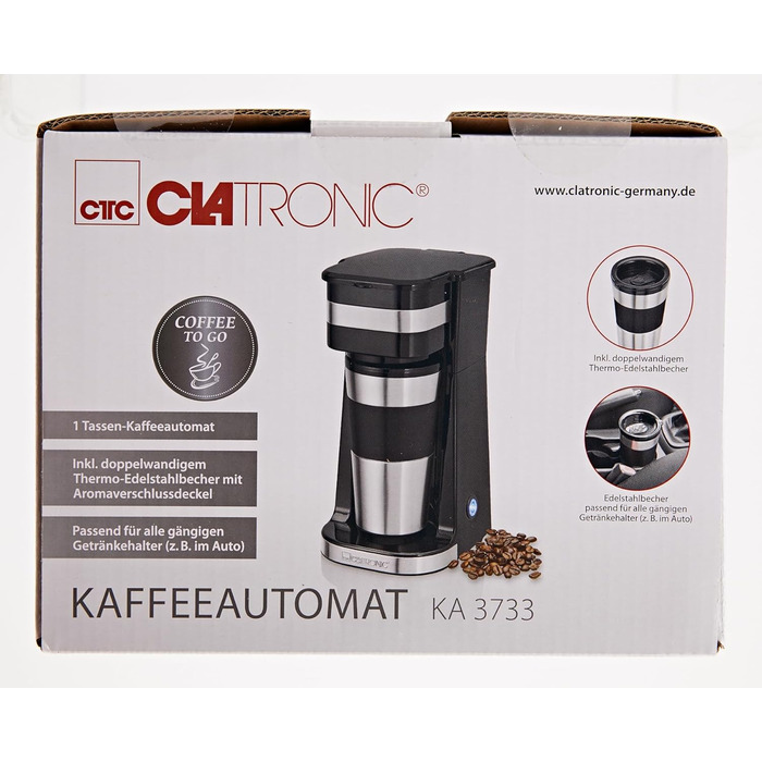 Кавоварка Clatronic з кухлем Coffee To Go 400 мл Підходить для всіх поширених підстаканників (наприклад, автомобільних) Кавоварка з фільтром з кухлем з нержавіючої сталі та кришкою для аромату Кавоварка мала KA 3733 Classic