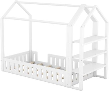 Дитяче ліжко Merax 90x200 см із захистом від випадання, дитяче ліжко з висувними ящиками та полицею для зберігання, міцне дерев'яне ліжко на дереві з рейковим каркасом, ігрове ліжко для хлопчиків і дівчаток, біле (90 x 200 см, біла шкіра)