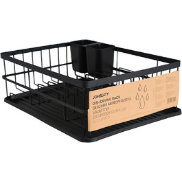 Сушарка для посуду JOHSEATY з чорного матового металу (42x31, 5x15, 5 см), Підставка для посуду для раковини з тримачем для столових приладів і крапельницею