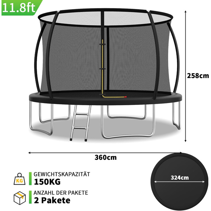 Батут JUMMICO вуличний Ø360 см з сіткою безпеки, чорний - для дітей та дорослих