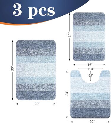 Набір килимків для ванної кімнати OLANLY: м'який, вбираючий, з мікрофібри, U-подібний килимок для унітазу, пухнастий, 3 шт., блакитний (76,2 x 50,8 см + 61 x 40,6 см + 61 x 50,8 см)