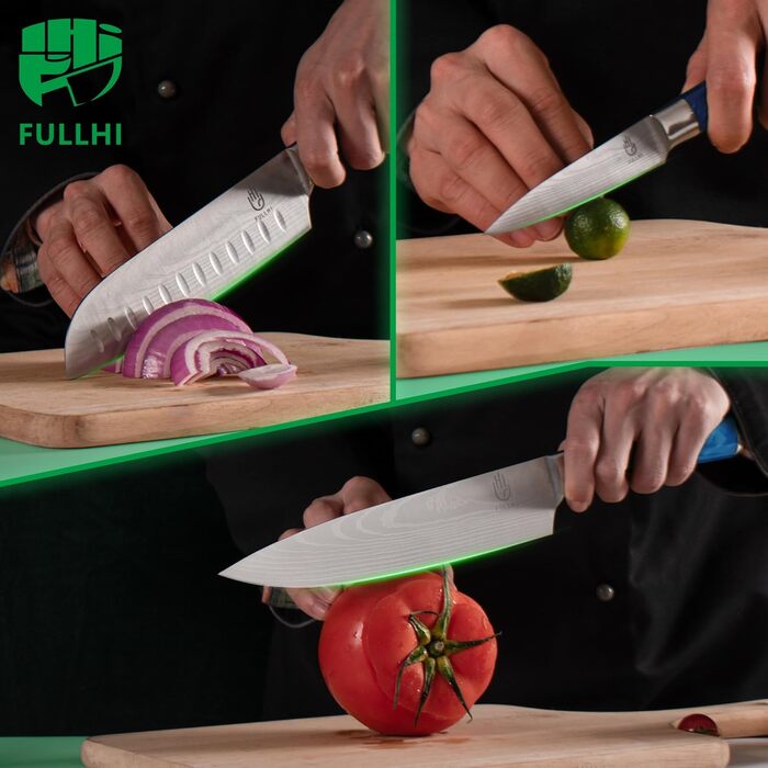 Японський набір ножів Fullhi 15 предметів з магнітним підставкою, з високоякісної сталі, ергономічні ручки з харчового пластику, для професійної та домашньої кухні