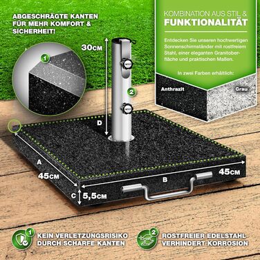 Підставка для парасольки Tillvex® Granit на роликах з ручкою для транспортування, 27 кг | Підставка для парасольки з нержавіючою сталлю | Підставка для парасольки на балкон, для штиків 16-48 мм та діаметром парасольки 250 см (кутова, антрацит)