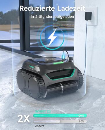 Робот-прибиральник для басейну WYBOT C2: акумуляторний, для вбудованих басейнів до 150㎡, подвійне фільтрування, 3-моторний, сильна тяга, підйом по стінах, очищення лінії води, 180 хв, керування через додаток (чорно-зелений-сірий)