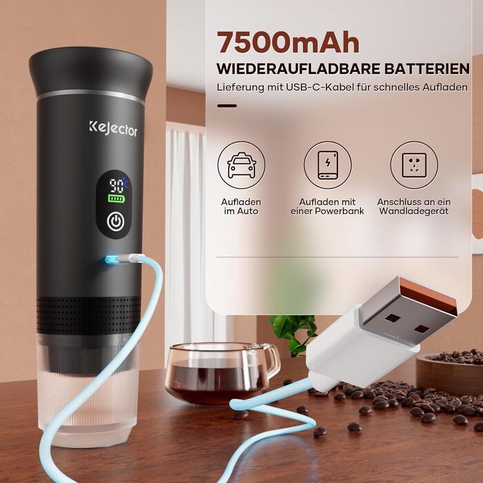 Портативна кавомашина Espresso Kejector з акумулятором: для дому, в подорожах, в авто. 3-в-1: кава, еспресо, капсули. Digital display, металевий сірий.