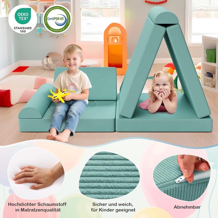 Дитяче ігрове диван-крісло, 15-ти частинний модульний диванчик, розкладний диван для дітей, сертифікат Oeko-TEX®100, диван з пінопласту, для куточка у дитячій кімнаті, велюрова тканина (зелений)
