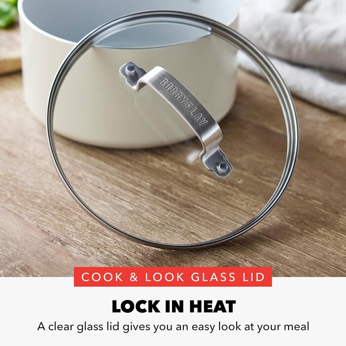 Набір посуду GreenPan x Bobby Flay 13 предметів: професійний алюміній, антипригарне покриття Ceramic, без PFAS/PFOA, індукційний, силіконові ручки, сумісний з посудомийною машиною (2.53QT соусниця з кришкою, кремовий)