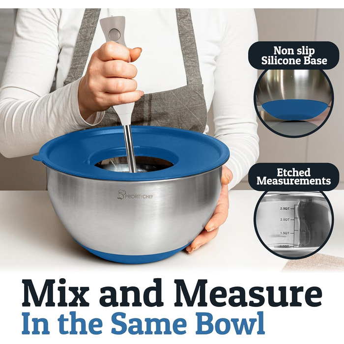 Набір мисок для змішування PriorityChef з нержавіючої сталі з кришками, 3 тертки, герметичні кришки, силіконова антиковзаюча основа, великі миски для приготування їжі, зелений (блакитний)