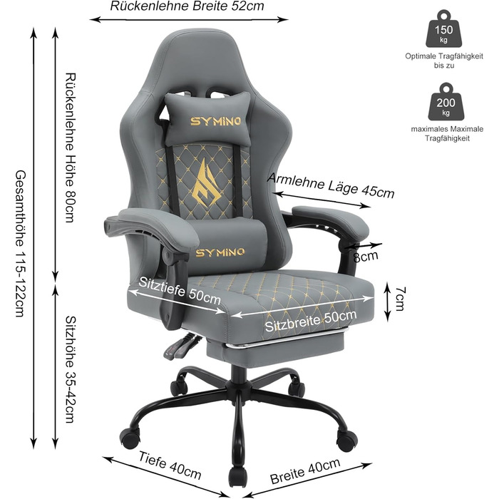 Ергономічне ігрове крісло Symino з поперековою підтримкою, регульовані підлокітники, підставка для ніг, 200 кг, сірий
