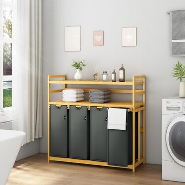Кошик для білизни AdelDream Premium 200L з 4 відділеннями, бамбуковий каркас, знімний мішок, бежевий колір. Підходить для ванної кімнати та спальні