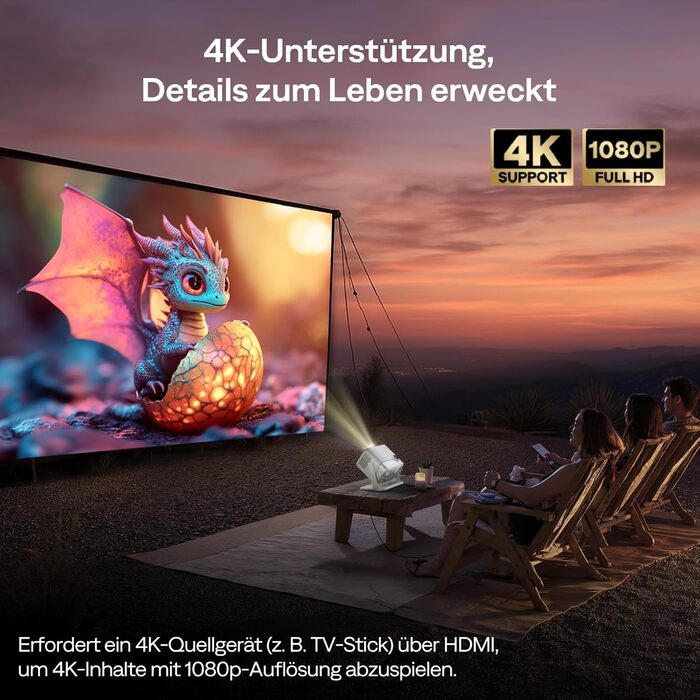 Aurzen Boom Mini 4-в-1 Smart Beamer з Google TV, 4K, проєктор для дому та на вулицю, 20W Dolby Audio, 500 ANSI, ToF автофокус, корекція трапеції, Wi-Fi/Bluetooth, підтримка смартфонів (кремовий)