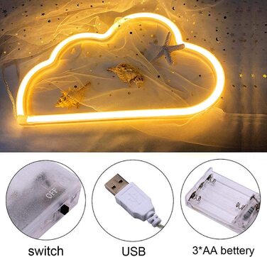 Світлодіодні неонові світильники XIYUNTE, настінні світильники, неонові вивіски з батарейним живленням або USB-живленням в стилі ар-деко C-white Cloud