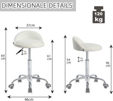 Офісний стілець Mingone White Roll Stool Стілець з регульованою висотою сидіння Стілець з можливістю повороту на 360 36,5 см Біла спинка 60 символів